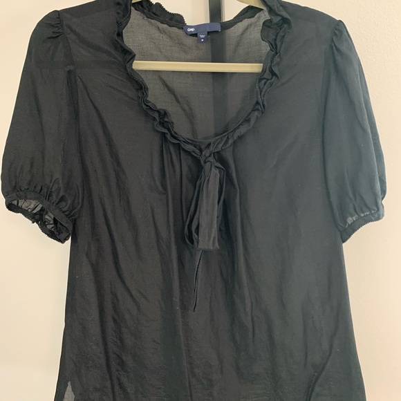 GAP Black Ruffled Puff Sleeve Silk Blend Blouse - Picture 3 of 16